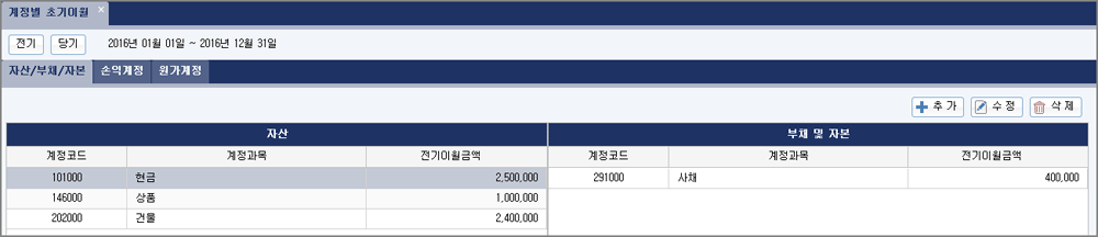 계정별 초기이월 리스트