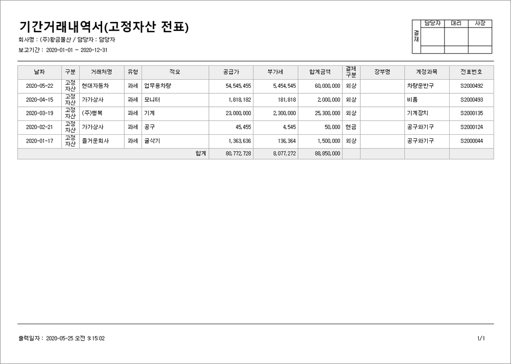 기간거래내역서(고정자산 전표)