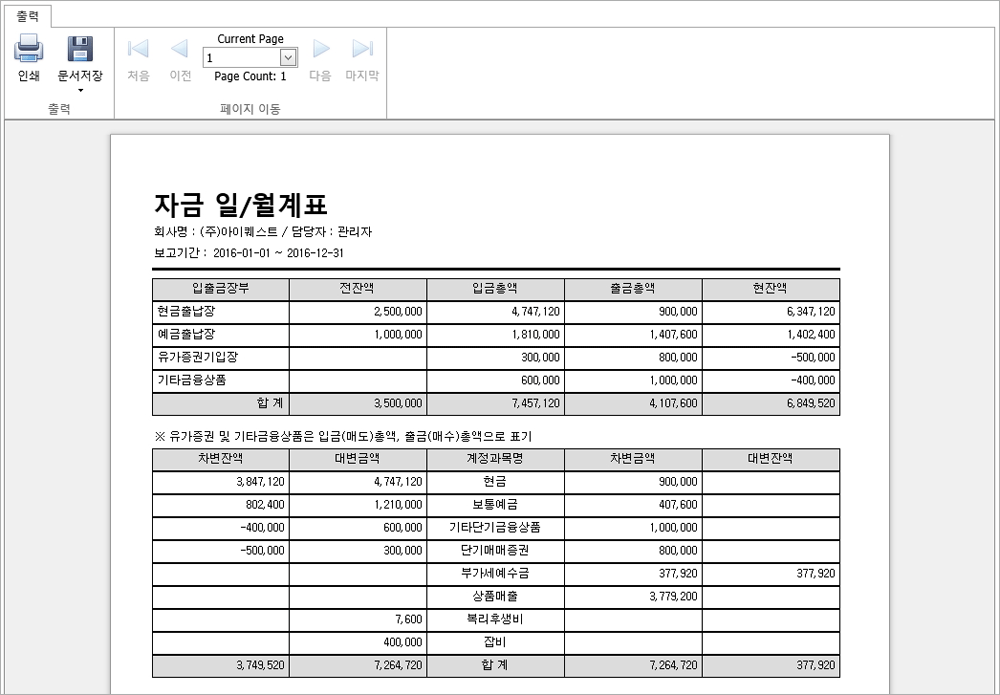 자금 일/월계표