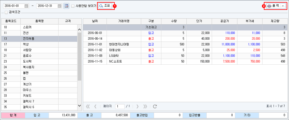 품목별 수불내역