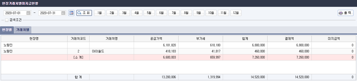 현장거래처별미지급현황